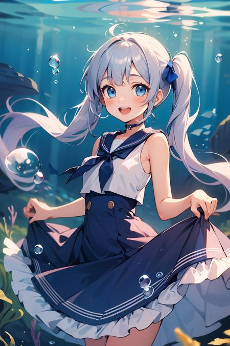 394445-2609011110-1girl,solo,dress,smile,long hair,bangs,bare arms,ribbon,teeth,bare shoulders,skirt hold,frills,water,blush,frilled dress,blue sa.png